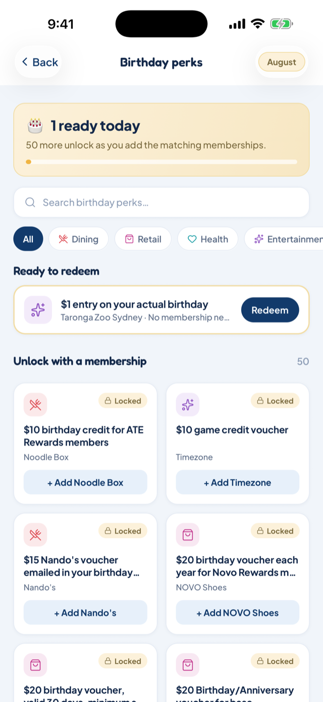 The birthday perks screen with ready-to-redeem tiles and locked tiles showing an +Add button