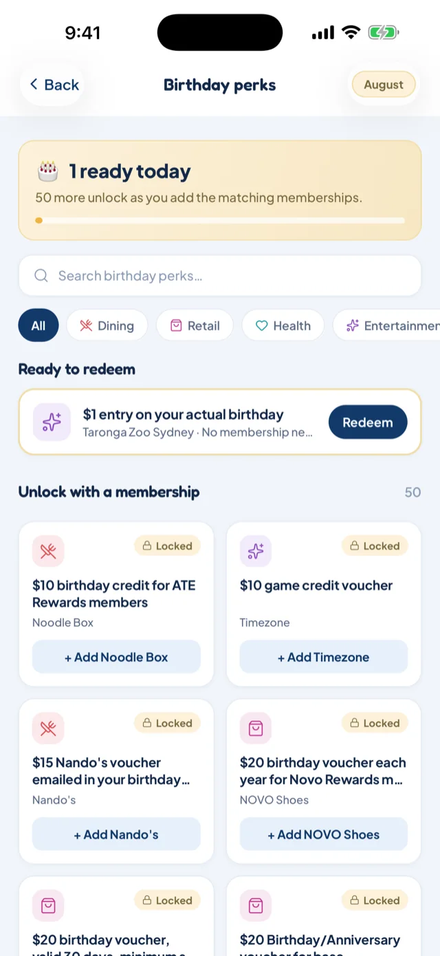 The birthday perks screen with ready-to-redeem tiles and locked tiles showing an +Add button