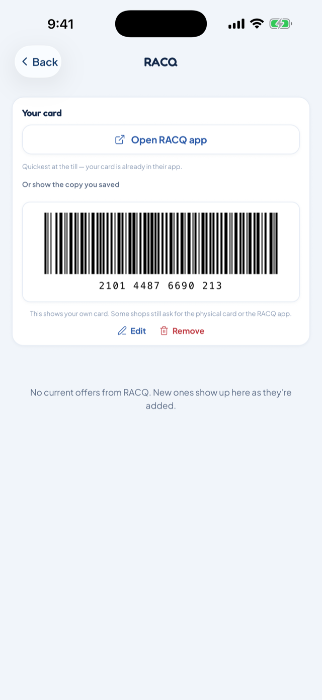 A membership shown at the till as a scannable barcode drawn from the saved membership number