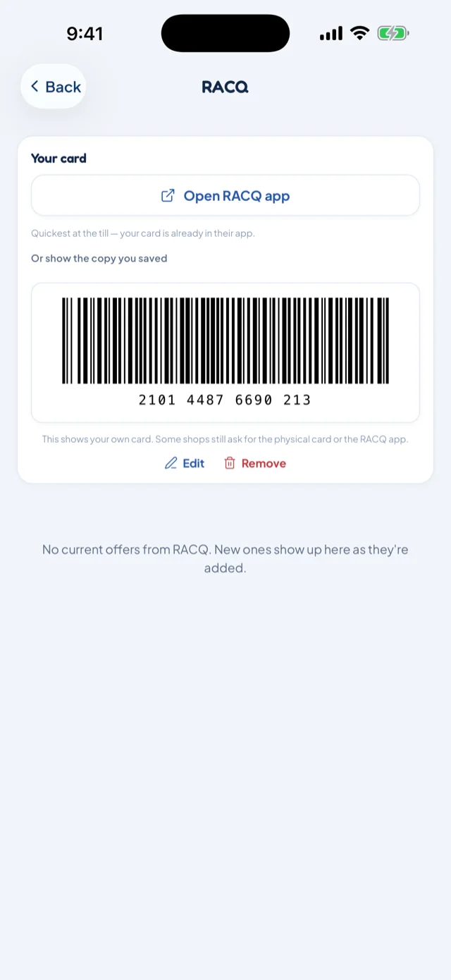 A membership shown at the till as a scannable barcode drawn from the saved membership number