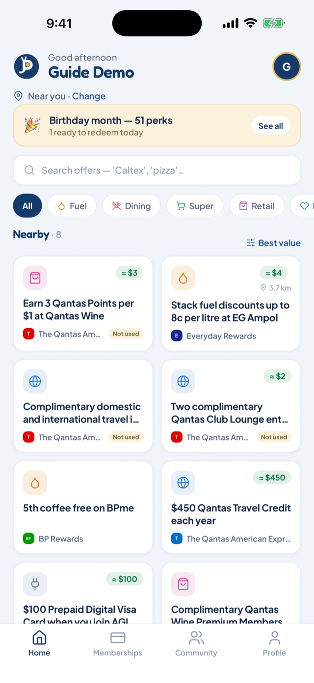 The Home tab: offer cards with green value pills, distance tags, and category filter pills