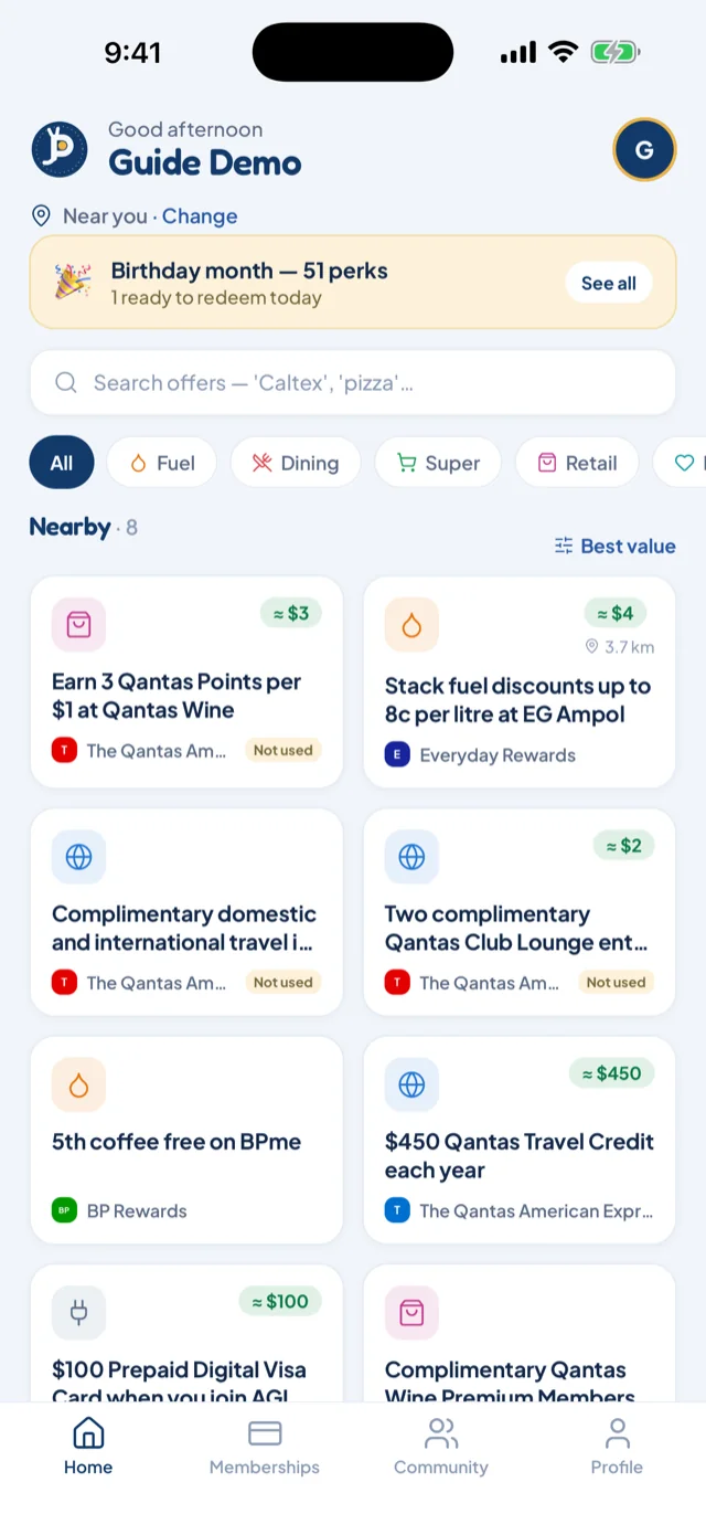 The Home tab: offer cards with value chips, distance tags, and category filter pills