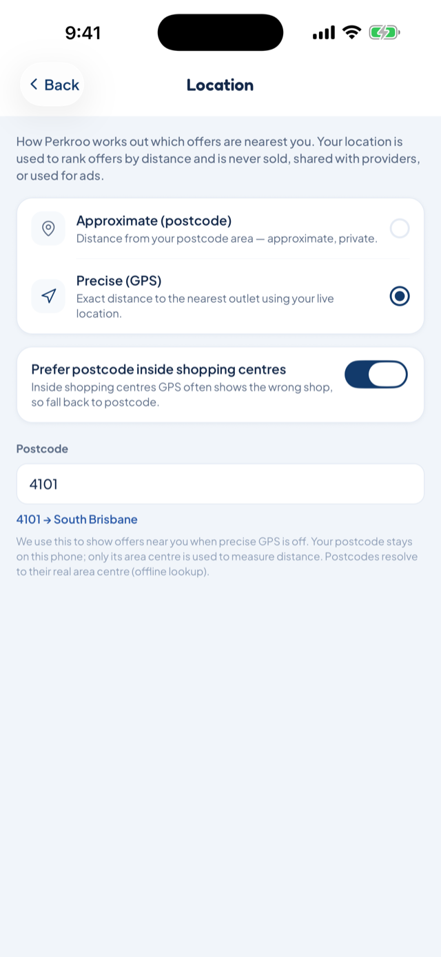 Location settings with the choice between approximate postcode and precise GPS, and the suburb helper