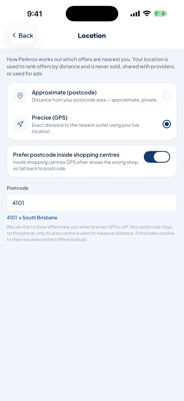 Location settings with the choice between approximate postcode and precise GPS, and the suburb helper