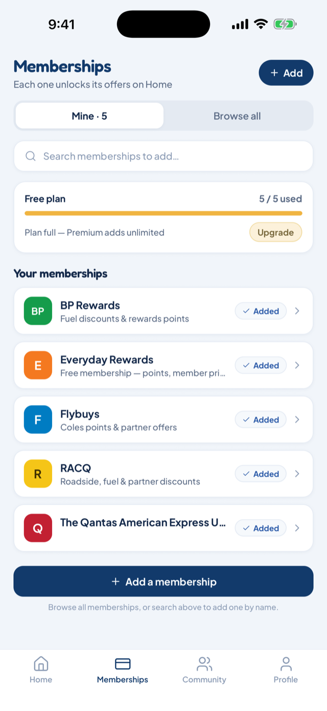 The Memberships tab with Mine and Browse all views and the free-plan meter