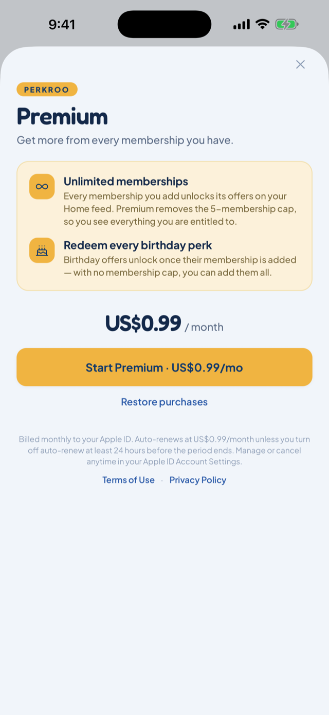 The Perkroo Premium screen showing unlimited memberships and card-network lists