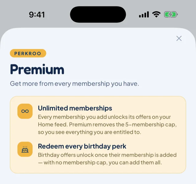 The Perkroo Premium screen showing unlimited memberships and card-network lists