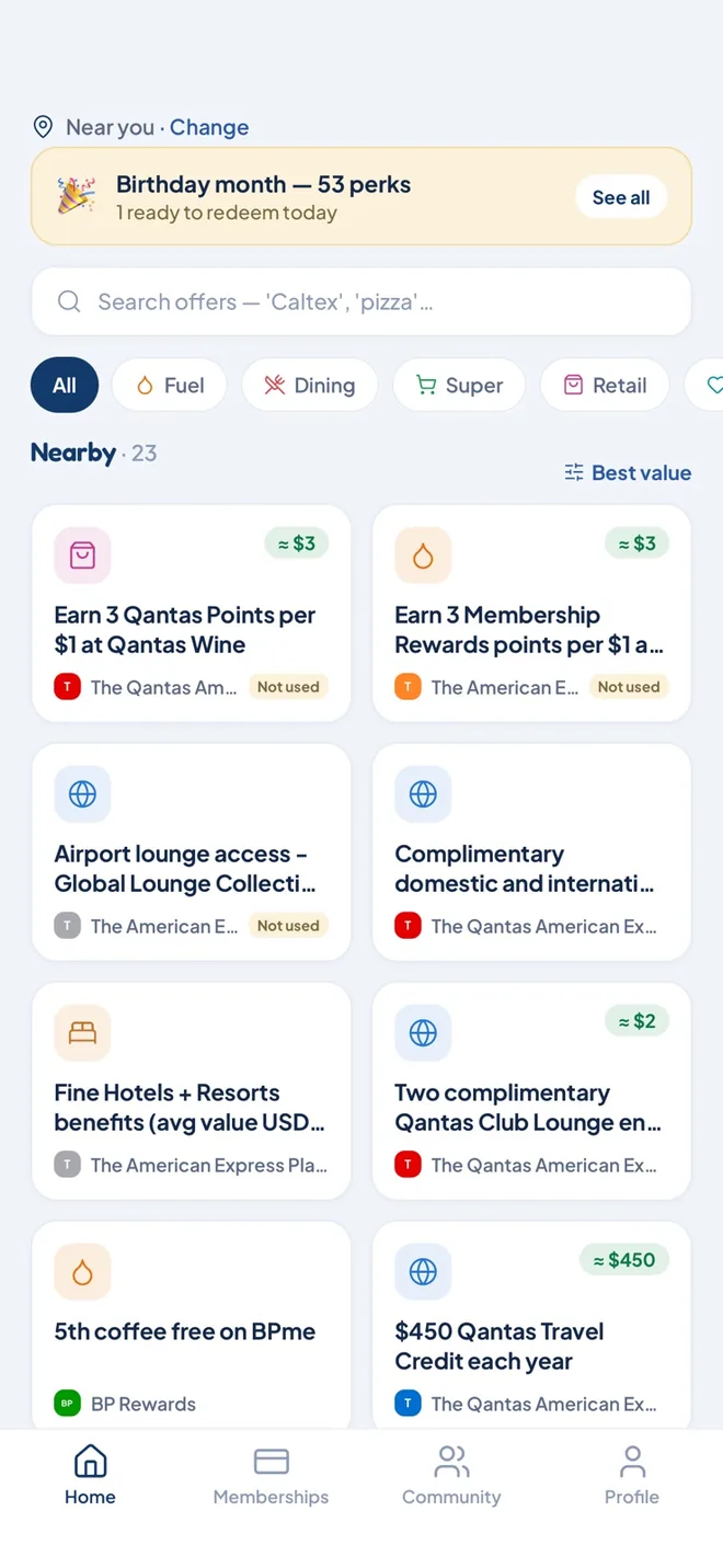 The Perkroo Home tab: offers from your memberships
